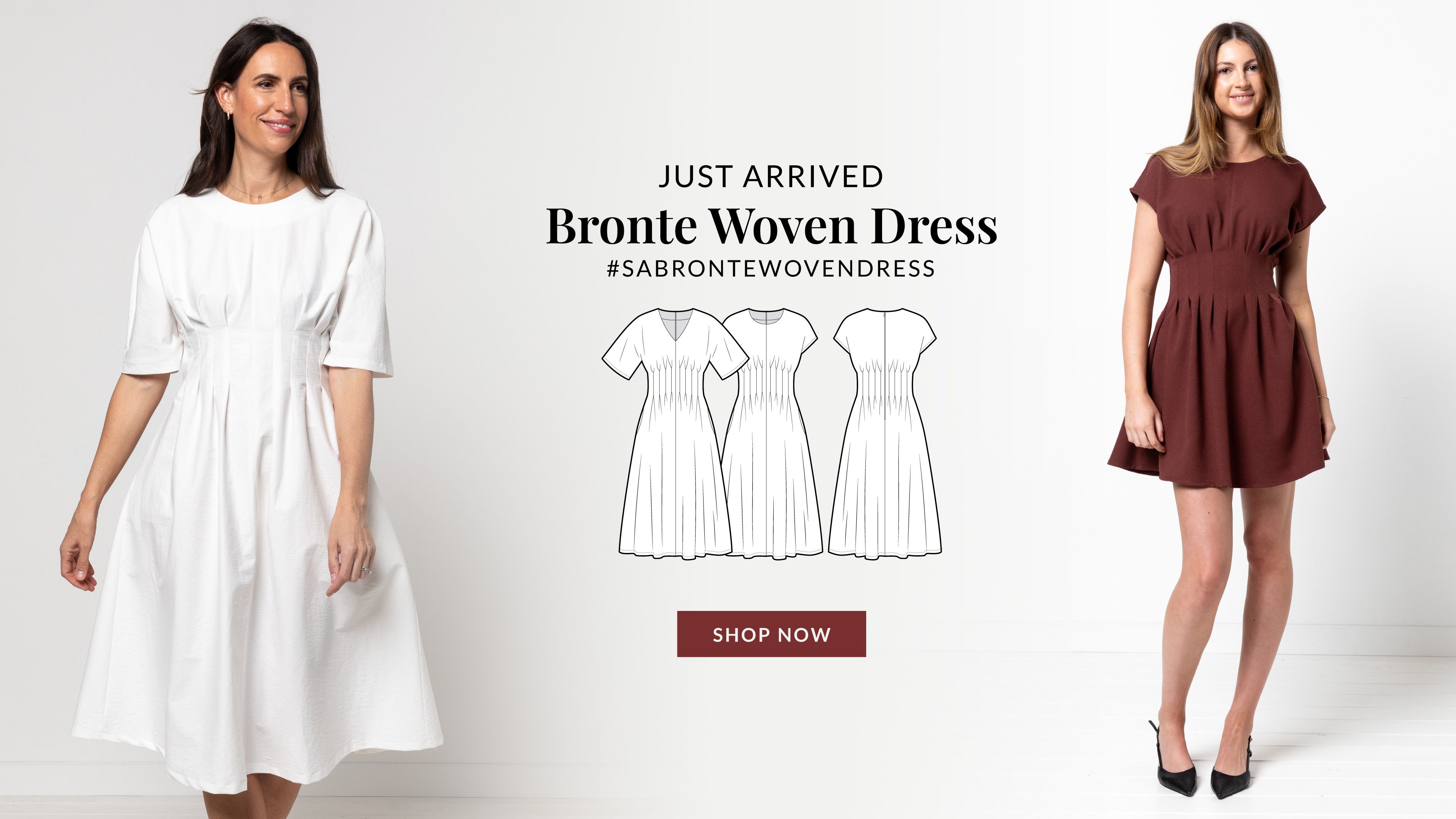 Fitted dress with round or V neckline options and beautiful waist pleat detail