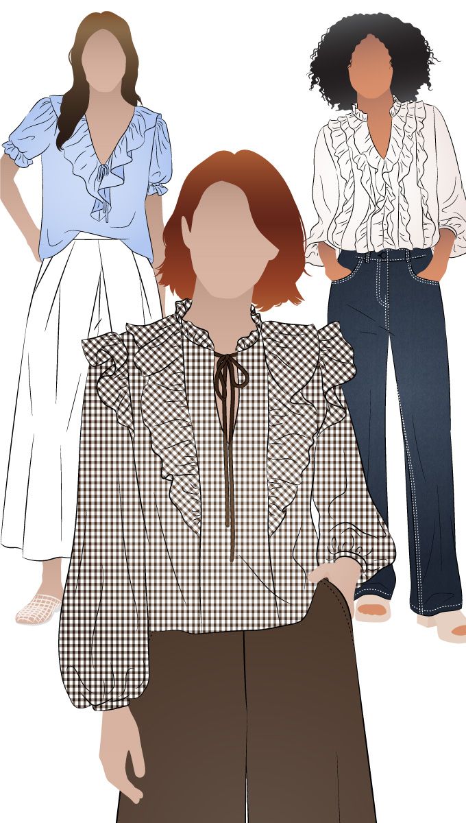Cendrine Woven Blouse Set by Style Arc - Open-neck blouse with three front variations, optional frills and long or short sleeves with elasticated cuffs