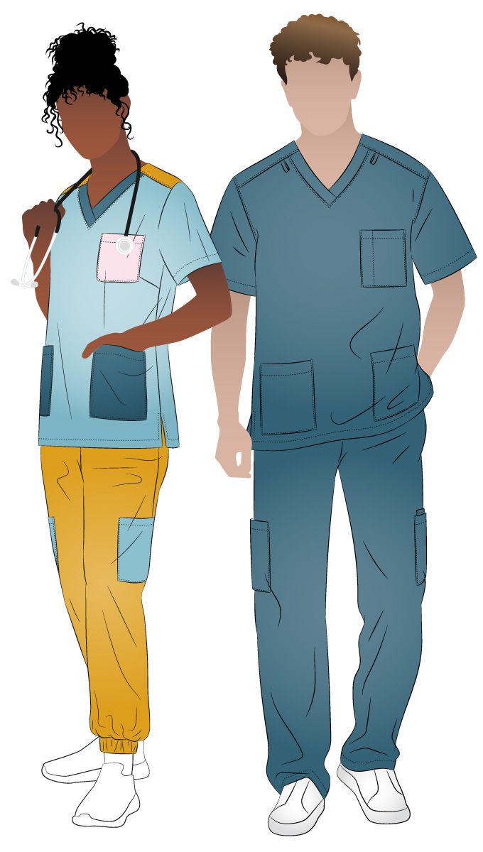Flossy Woven Scrubs Set by Style Arc - Professional healthcare scrubs sewing pattern with customisable fit, functional details, and durable, practical design